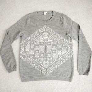 J Crew Geometric Graphic Merino Wool Sweater Grey Sz M